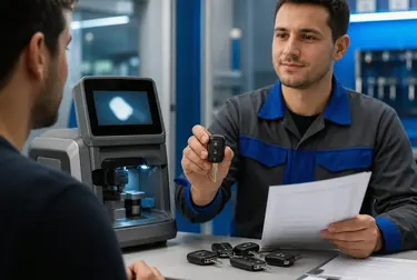 Chaveiro fabricando uma chave codificada em uma máquina de duplicação.
