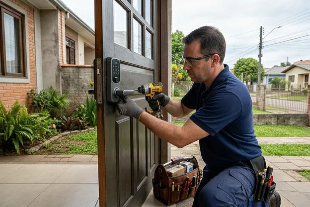 Chaveiro instalando uma fechadura digital em uma porta.
