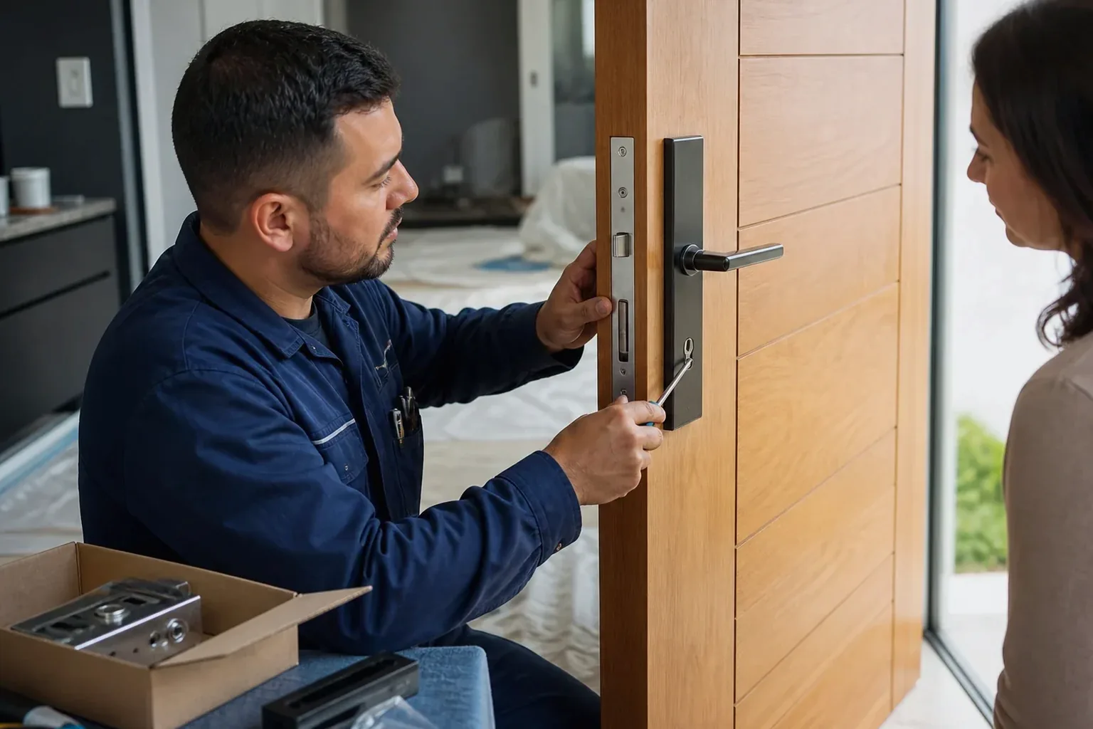 Chaveiro instalando uma nova fechadura em uma porta.